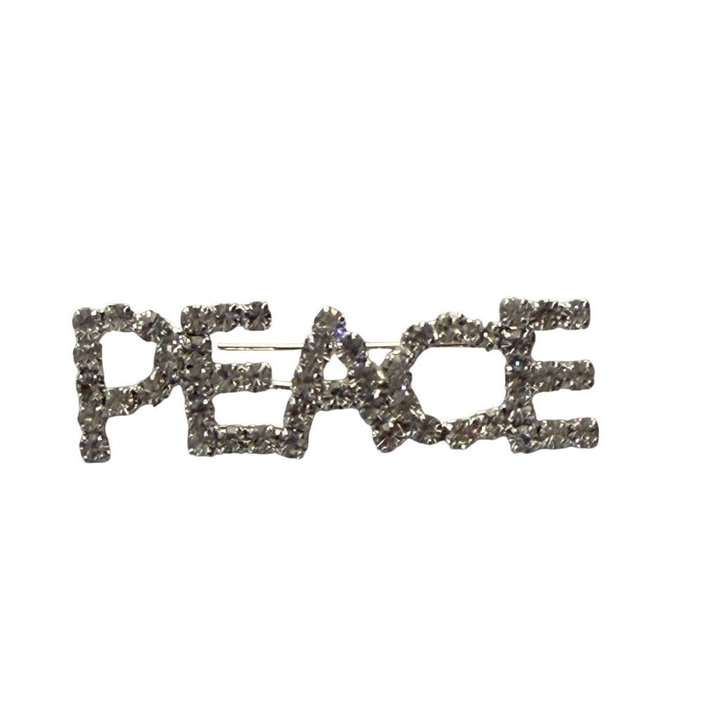 Y2K Aesthetic Silver Rhinestone PEACE Statement Brooch Pin 90s Vintage Style